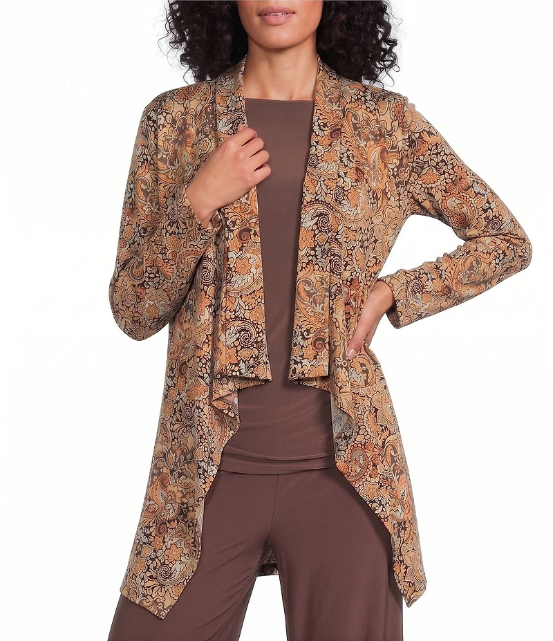 Investments Soft Separates Black/Pinecone Painted Paisley Print Long Sleeve Open Front Jacket