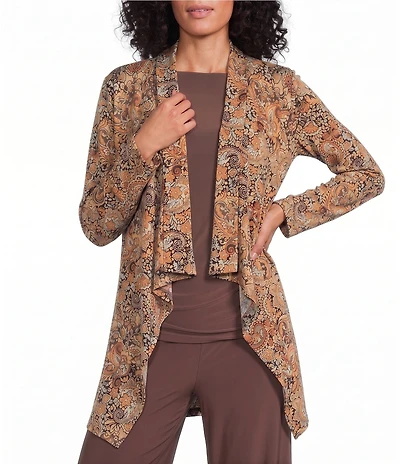 Investments Soft Separates Black/Pinecone Painted Paisley Print Long Sleeve Open Front Jacket