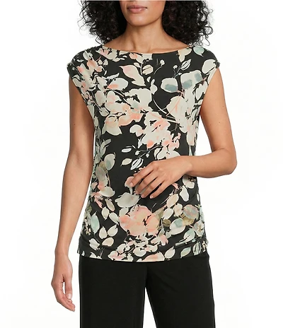 Investments Soft Separates Floral Jade Crew Neck Ruched Sleeveless Top