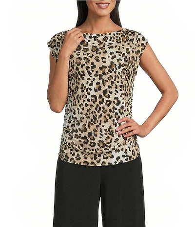 Investments Soft Separates Light Leopard Print Crew Neck Ruched Sleeveless Top