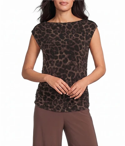 Investments Soft Separates Pinecone True Leopard Print Crew Neck Ruched Cap Sleeve Top