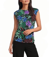 Investments Soft Separates Tropic Garden Print Crew Neck Ruched Sleeveless Top