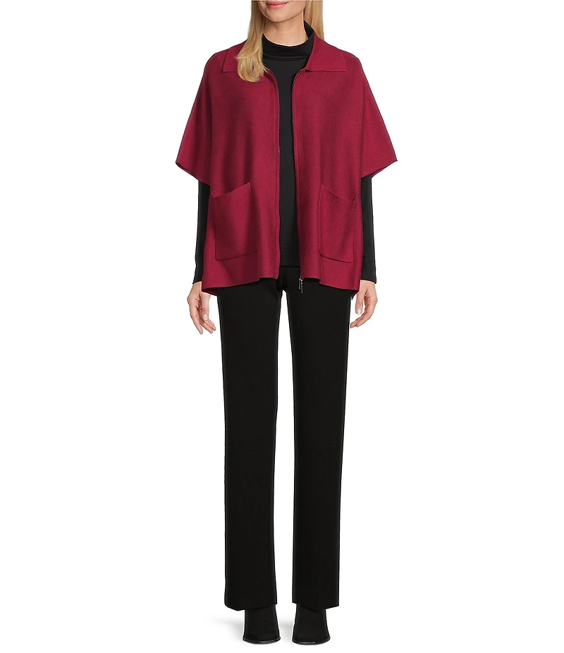 Investments Solid Removeable Faux Fur Collar Two-Way Zip Front Sweater Poncho