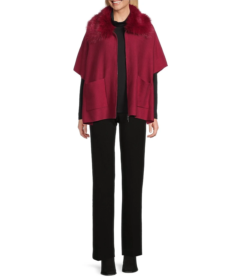 Investments Solid Removeable Faux Fur Collar Two-Way Zip Front Sweater Poncho