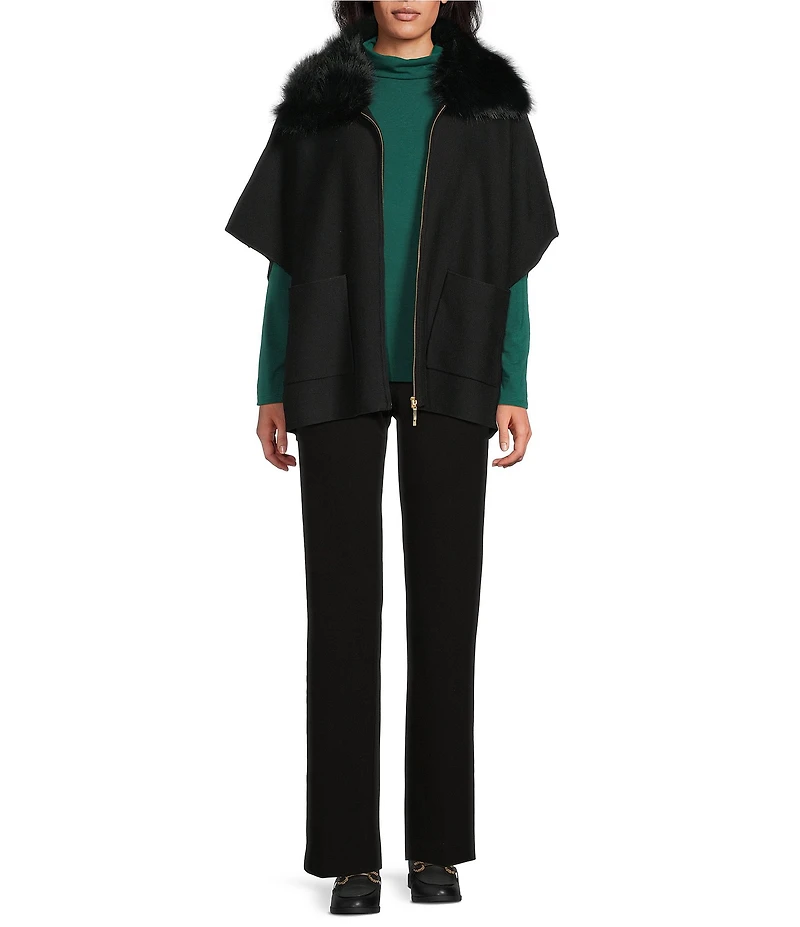Investments Solid Removeable Faux Fur Collar Two-Way Zip Front Sweater Poncho