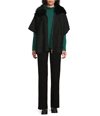 Investments Solid Removeable Faux Fur Collar Two-Way Zip Front Sweater Poncho