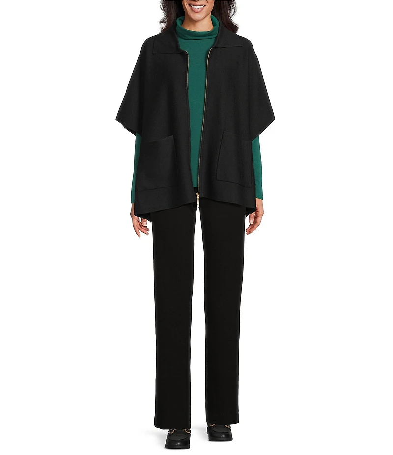 Investments Solid Removeable Faux Fur Collar Two-Way Zip Front Sweater Poncho