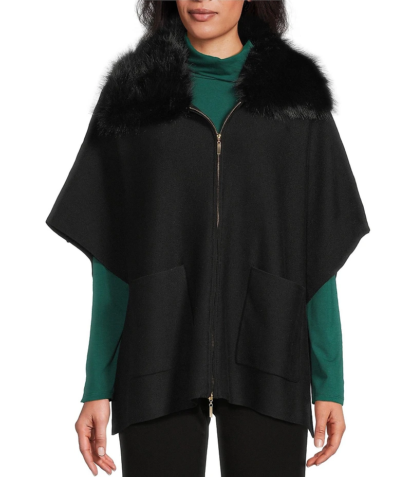 Investments Solid Removeable Faux Fur Collar Two-Way Zip Front Sweater Poncho