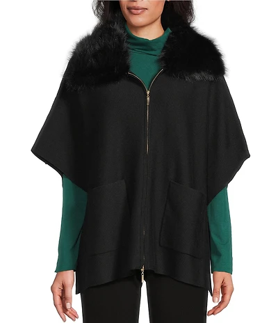 Investments Solid Removeable Faux Fur Collar Two-Way Zip Front Sweater Poncho