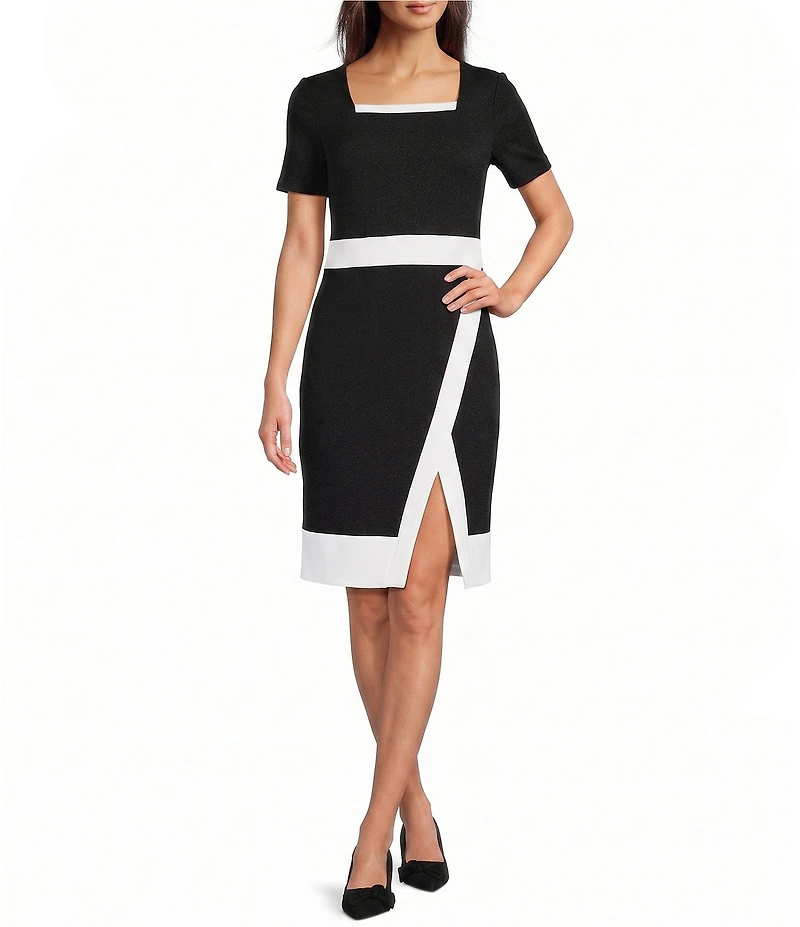 Investments Square Neck Short Sleeve Faux Wrap Sheath Dress