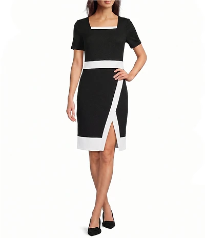 Investments Square Neck Short Sleeve Faux Wrap Sheath Dress