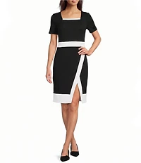 Investments Square Neck Short Sleeve Faux Wrap Sheath Dress