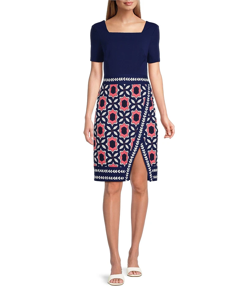 Investments Square Neck Short Sleeve Faux Wrap Sheath Dress