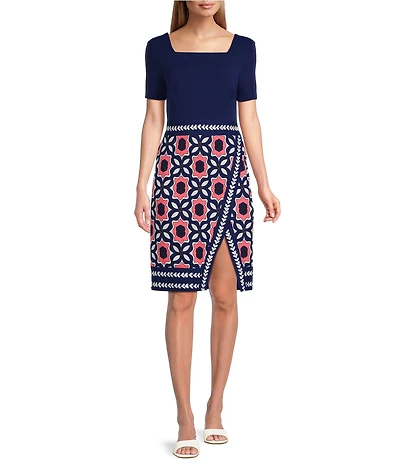 Investments Square Neck Short Sleeve Faux Wrap Sheath Dress