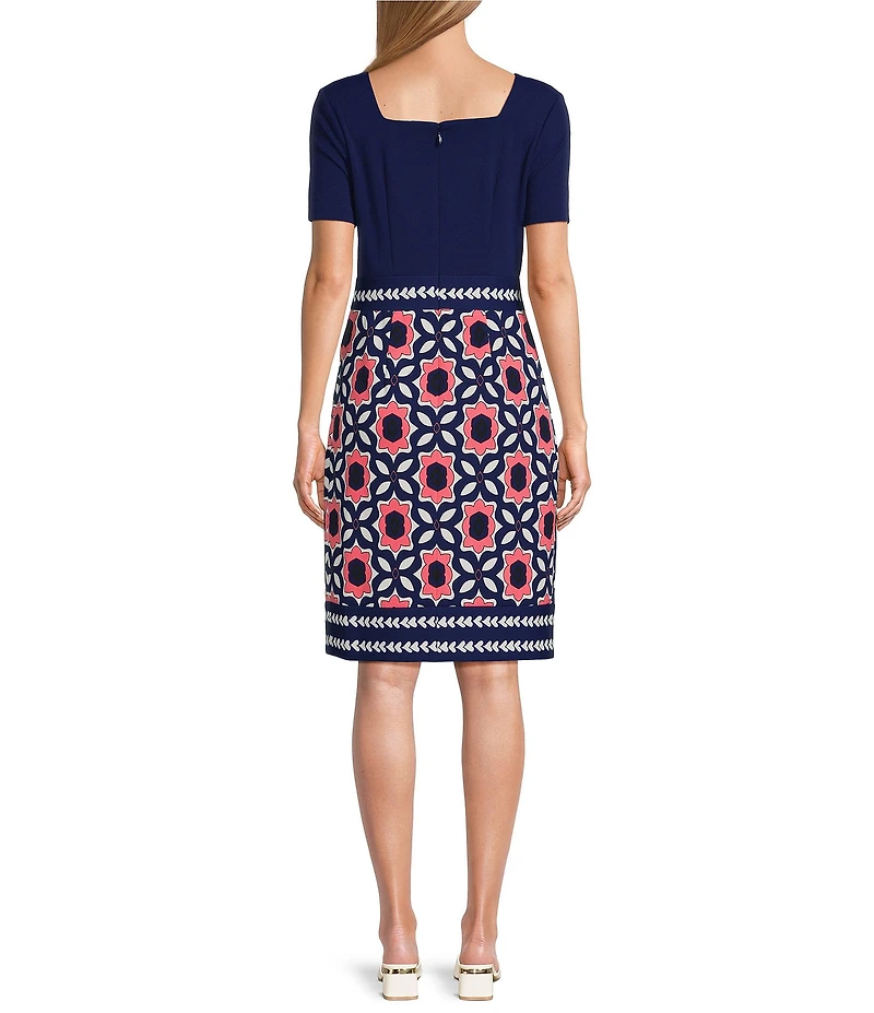 Investments Square Neck Short Sleeve Faux Wrap Sheath Dress