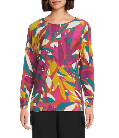 Investments Stained Leaves Long Sleeve Boat Neck Pullover Sweater