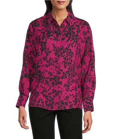 Investments Stamped Floral Dolman Long Sleeve Button Front Point Collar Blouse