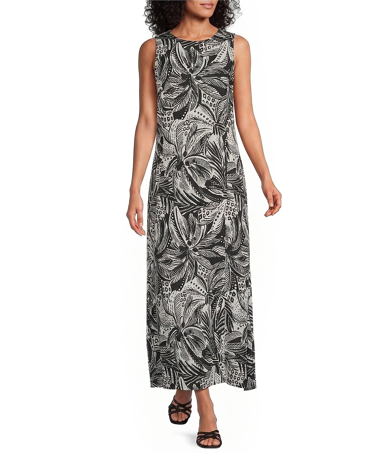Investments Stamped Palm Print Linen Blend Sleeveless Crew Neck Maxi Dress