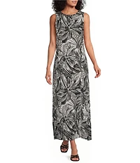 Investments Stamped Palm Print Linen Blend Sleeveless Crew Neck Maxi Dress