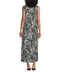 Investments Stamped Palm Print Linen Blend Sleeveless Crew Neck Maxi Dress