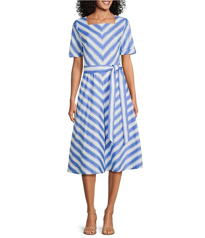 Investments Stripe Short Sleeve Square Neck Tie Belt Midi Dress