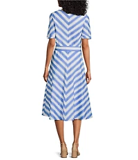 Investments Stripe Short Sleeve Square Neck Tie Belt Midi Dress