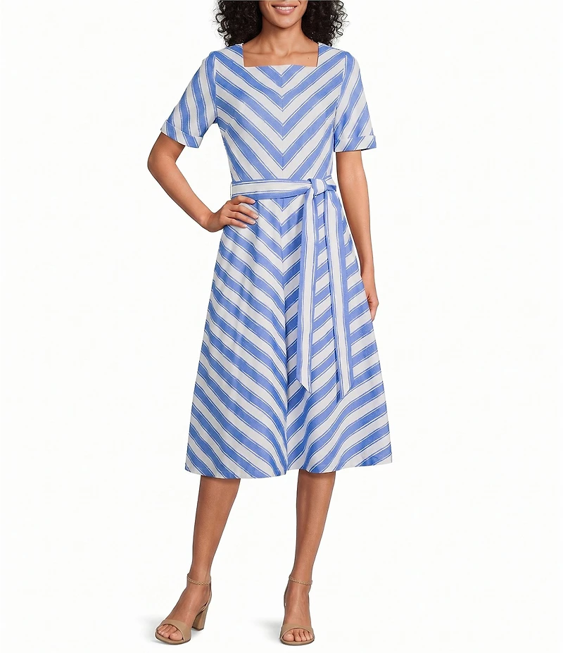 Investments Stripe Short Sleeve Square Neck Tie Belt Midi Dress