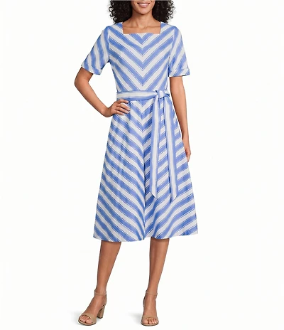Investments Stripe Short Sleeve Square Neck Tie Belt Midi Dress