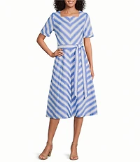Investments Stripe Short Sleeve Square Neck Tie Belt Midi Dress