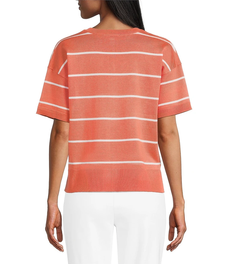 Investments Striped 3/4 Sleeve V-Neck Ribbed Trim Sweater