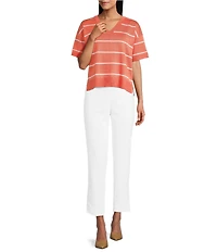 Investments Striped 3/4 Sleeve V-Neck Ribbed Trim Sweater