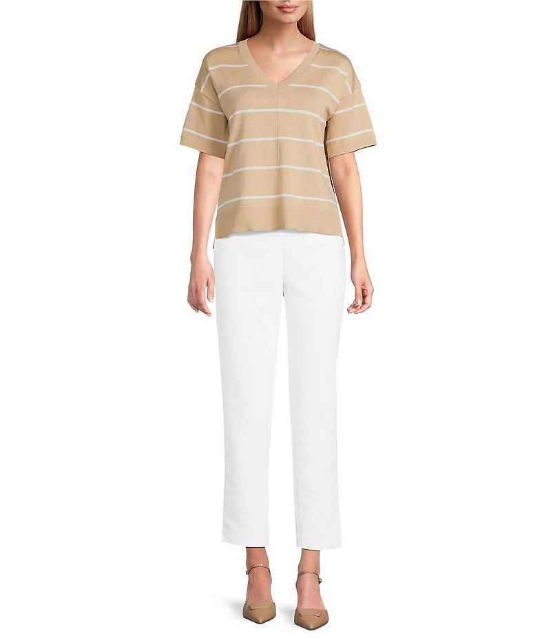 Investments Striped 3/4 Sleeve V-Neck Ribbed Trim Sweater