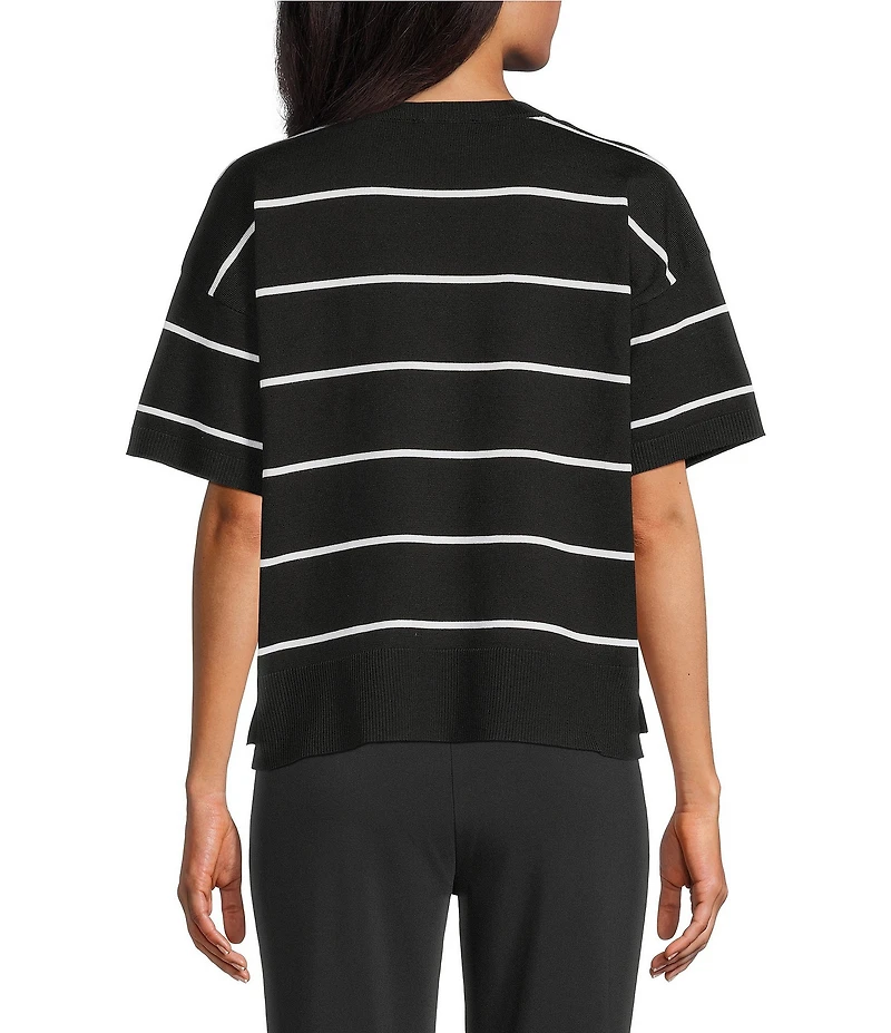 Investments Striped 3/4 Sleeve V-Neck Ribbed Trim Sweater