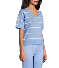 Investments Striped 3/4 Sleeve V-Neck Ribbed Trim Sweater