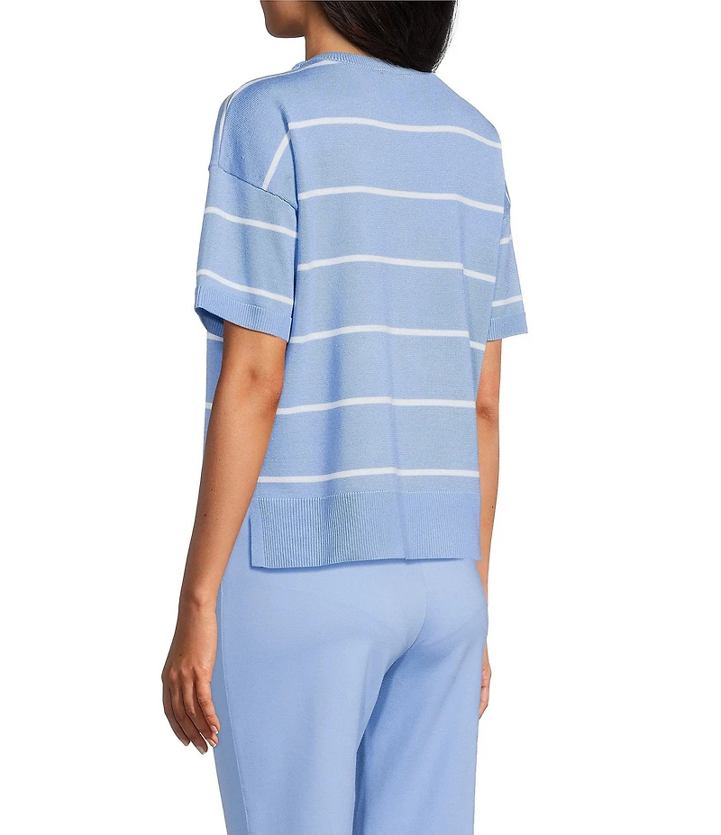 Investments Striped 3/4 Sleeve V-Neck Ribbed Trim Sweater