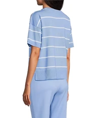 Investments Striped 3/4 Sleeve V-Neck Ribbed Trim Sweater