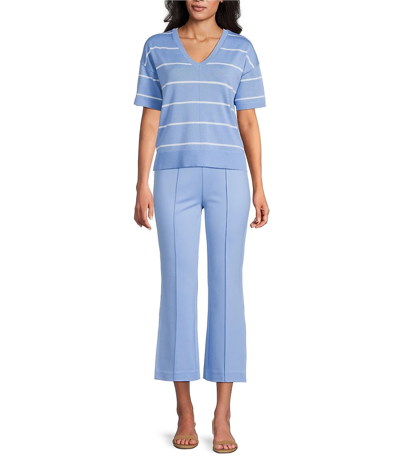 Investments Striped 3/4 Sleeve V-Neck Ribbed Trim Sweater