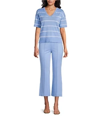 Investments Striped 3/4 Sleeve V-Neck Ribbed Trim Sweater