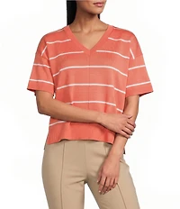 Investments Striped 3/4 Sleeve V-Neck Ribbed Trim Sweater
