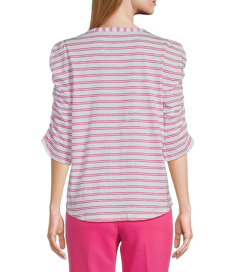 Investments Striped Print 3/4 Ruched Sleeve Crew Neck Top