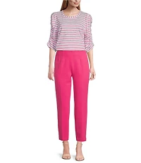 Investments Striped Print 3/4 Ruched Sleeve Crew Neck Top