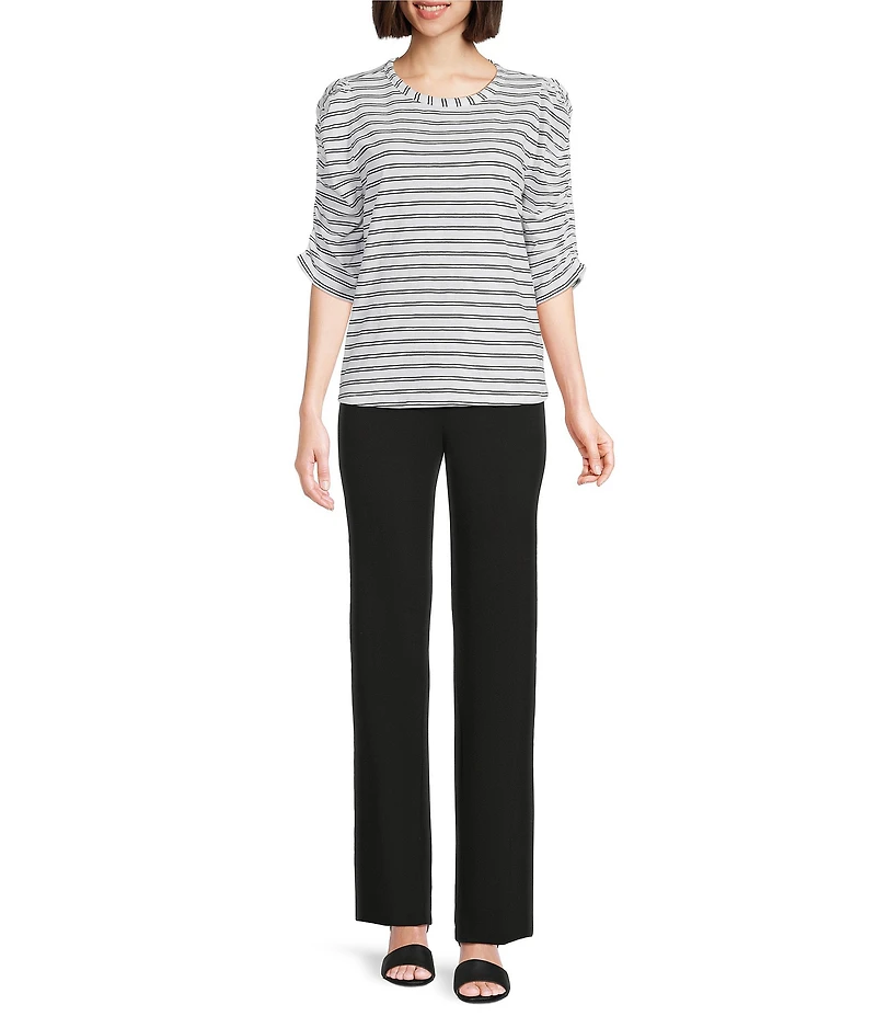 Investments Striped Print 3/4 Ruched Sleeve Crew Neck Top