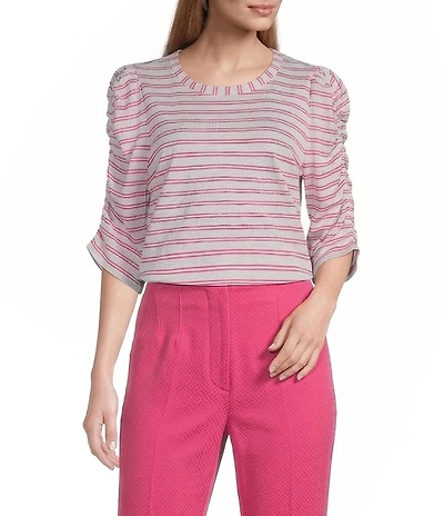 Investments Striped Print 3/4 Ruched Sleeve Crew Neck Top