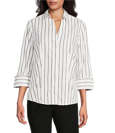 Investments Taylor Gold Label Non-Iron Black/Toffee Stripe 3/4 Sleeve Button Front Shirt