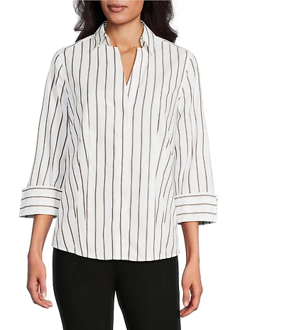 Investments Taylor Gold Label Non-Iron Black/Toffee Stripe 3/4 Sleeve Button Front Shirt