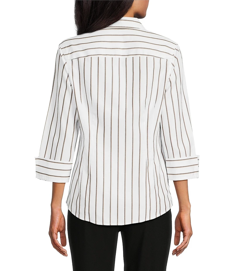 Investments Taylor Gold Label Non-Iron Black/Toffee Stripe 3/4 Sleeve Button Front Shirt