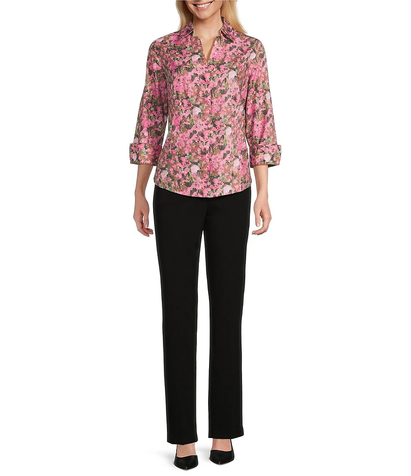Investments Taylor Gold Label Non-Iron Pink Floral Fields 3/4 Sleeve Button Front Shirt