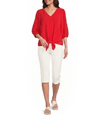 Investments Textured Stripe Tie Front V-Neck 3/4 Sleeve Top