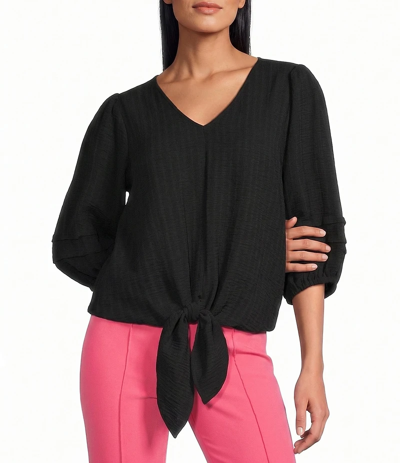 Investments Textured Stripe Tie Front V-Neck 3/4 Sleeve Top