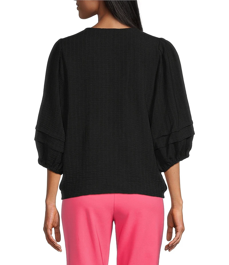 Investments Textured Stripe Tie Front V-Neck 3/4 Sleeve Top